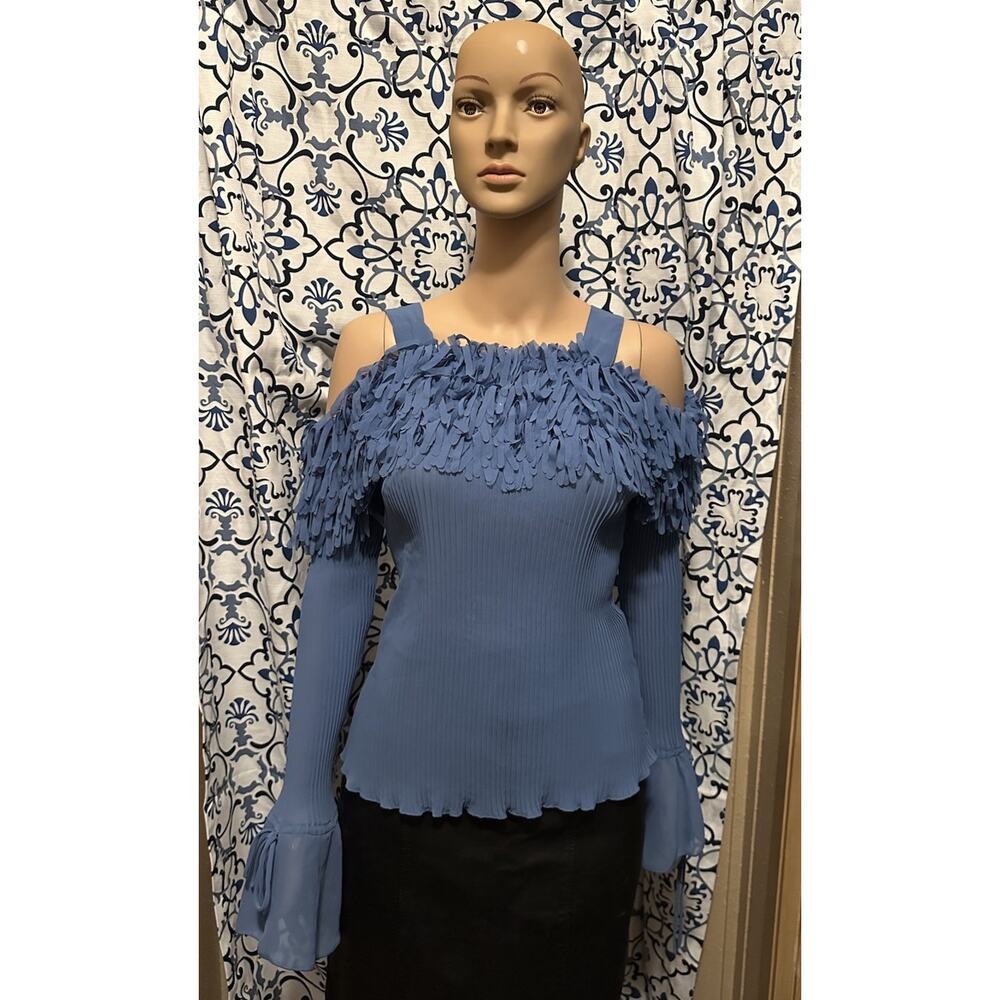 Kaelyn Max Women Blue Top Pleated Shred Fringe Off Shoulder Bell Sleeve Sz Large